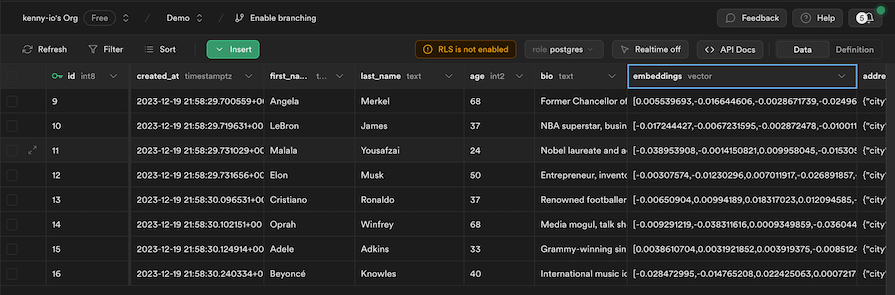 Supabase Table With Uploaded Celebrities Data And Corresponding Vector Embeddings